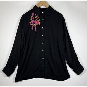 Surya Blouse Womens Large Black Button Up Floral Embroidered‎ Beaded Rayon Boho
